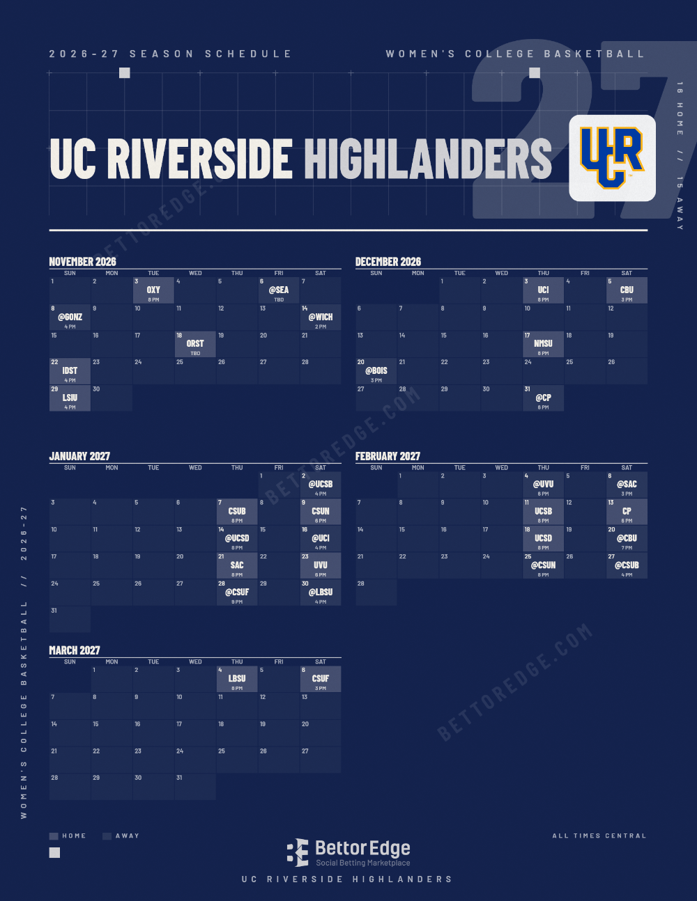 UC Riverside Highlanders 2026-27 women's basketball schedule, free printable, every game with start times and TV
