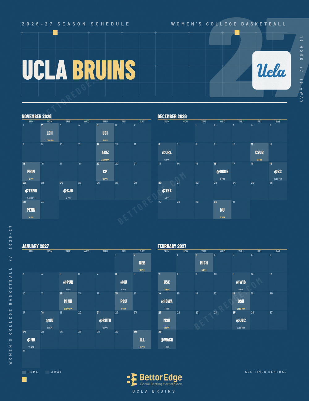 UCLA Bruins 2026-27 women's basketball schedule, free printable, every game with start times and TV