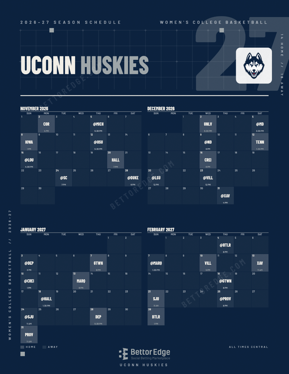 UConn Huskies 2026-27 women's basketball schedule, free printable, every game with start times and TV