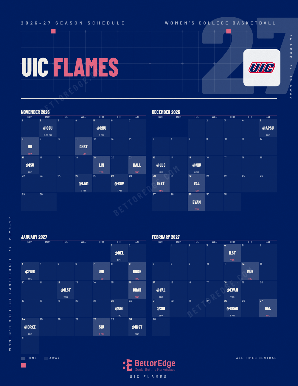UIC Flames 2026-27 women's basketball schedule, free printable, every game with start times and TV