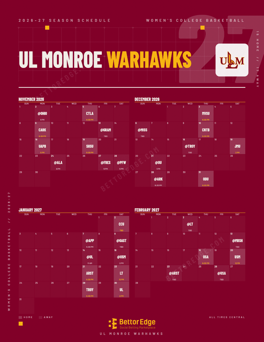 UL Monroe Warhawks 2026-27 women's basketball schedule, free printable, every game with start times and TV
