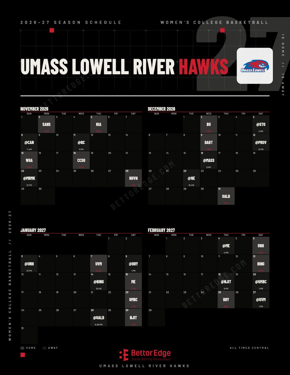 UMass Lowell River Hawks 2026-27 women's basketball schedule, free printable, every game with start times and TV