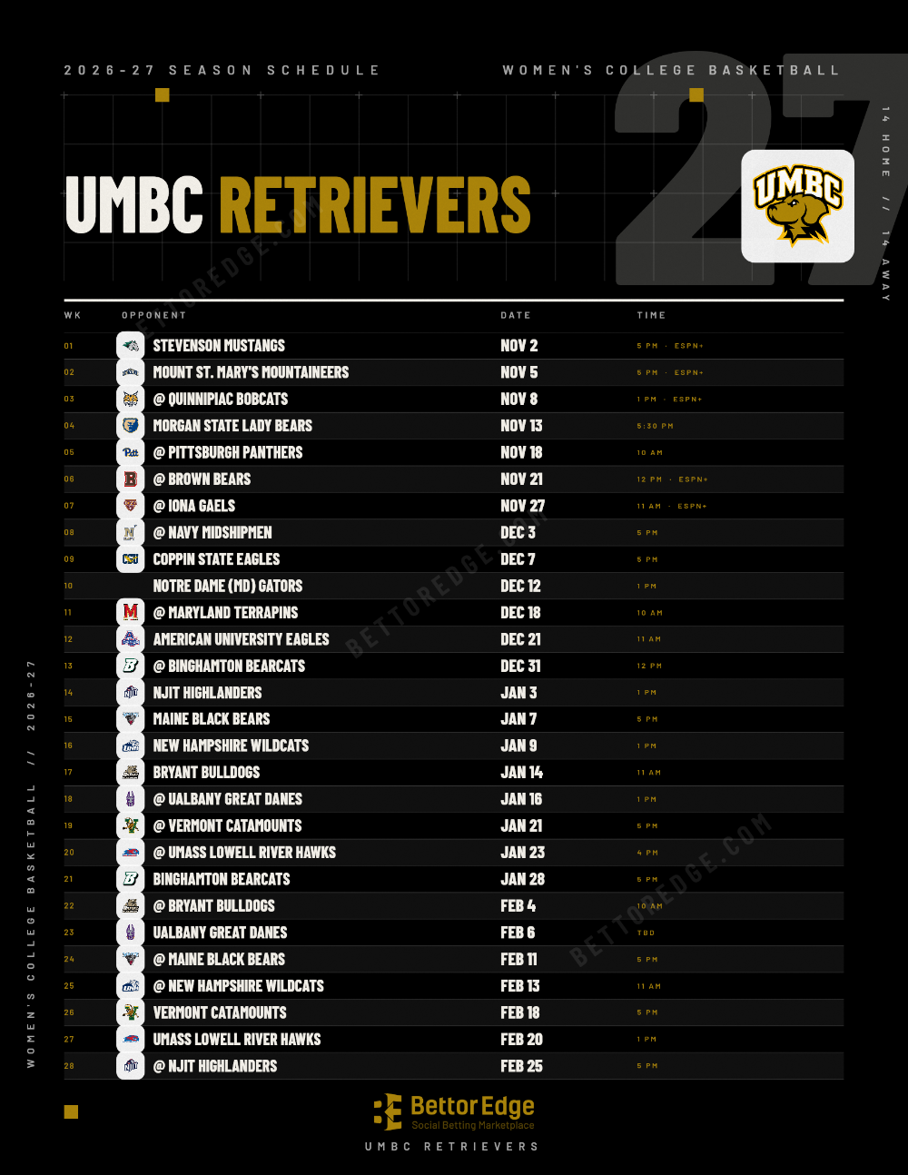 UMBC Retrievers 2026-27 women's basketball schedule, free printable, every game with start times and TV