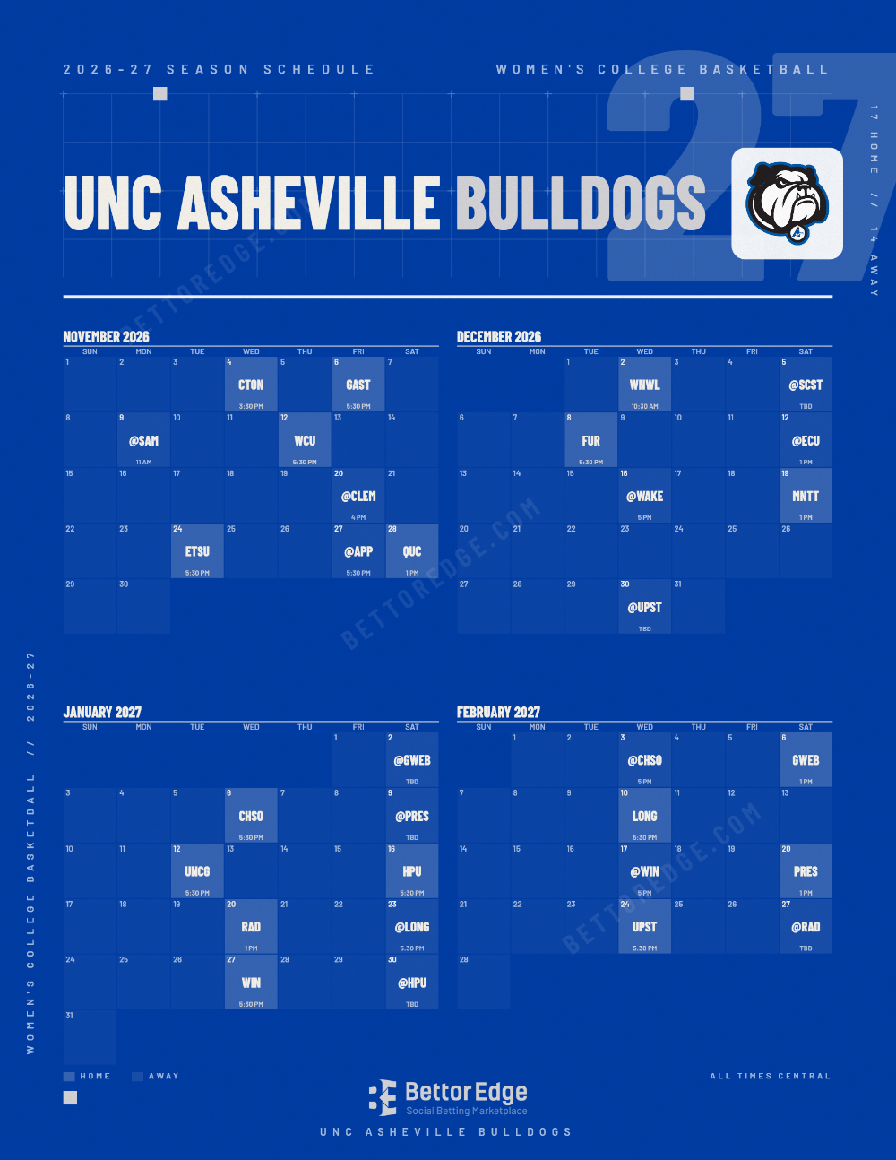 UNC Asheville Bulldogs 2026-27 women's basketball schedule, free printable, every game with start times and TV