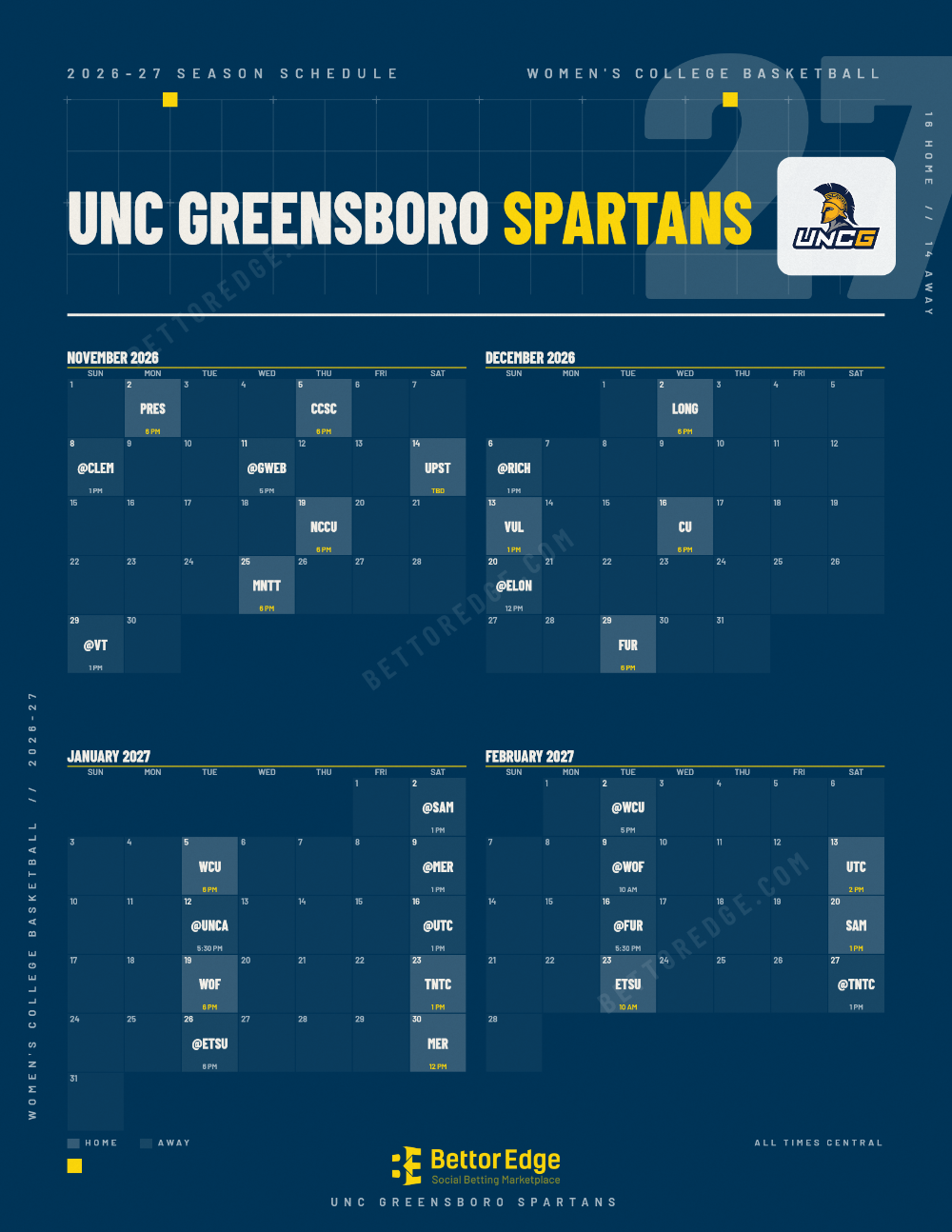 UNC Greensboro Spartans 2026-27 women's basketball schedule, free printable, every game with start times and TV