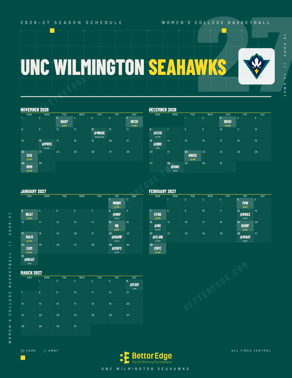 UNC Wilmington Seahawks 2026-27 women's basketball schedule, free printable, every game with start times and TV