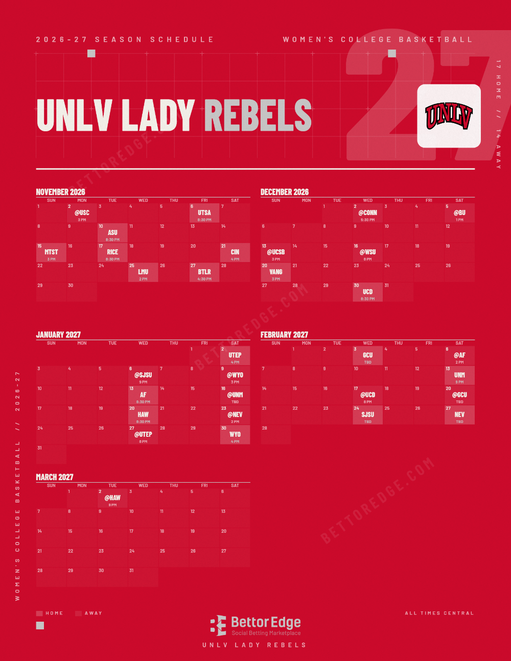 UNLV Lady Rebels 2026-27 women's basketball schedule, free printable, every game with start times and TV