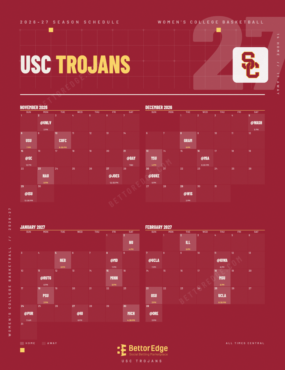 USC Trojans 2026-27 women's basketball schedule, free printable, every game with start times and TV