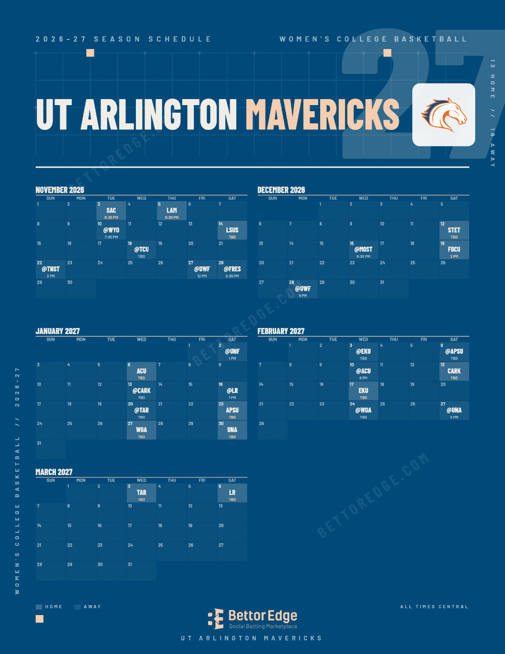 UT Arlington Mavericks 2026-27 women's basketball schedule, free printable, every game with start times and TV