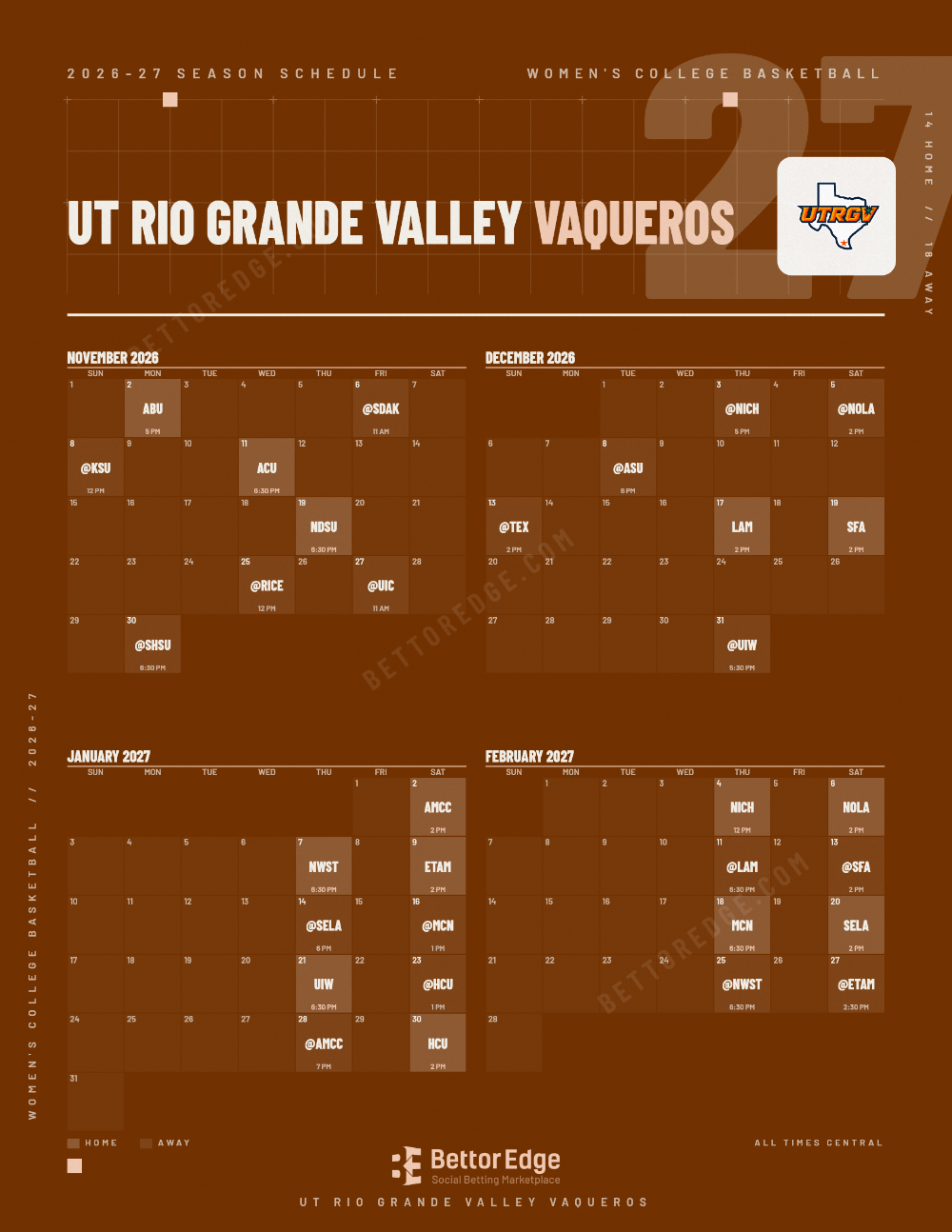 UT Rio Grande Valley Vaqueros 2026-27 women's basketball schedule, free printable, every game with start times and TV