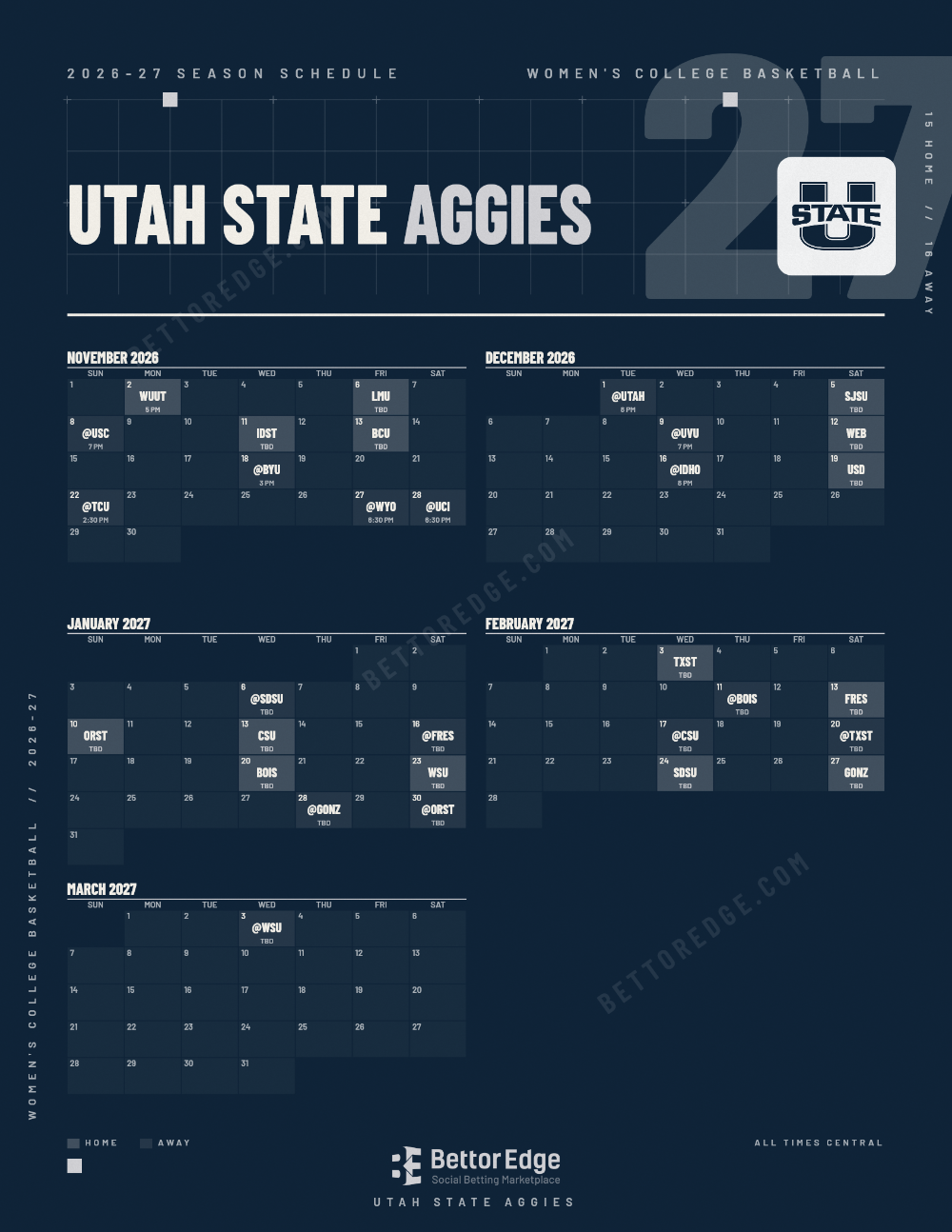 Utah State Aggies 2026-27 women's basketball schedule, free printable, every game with start times and TV