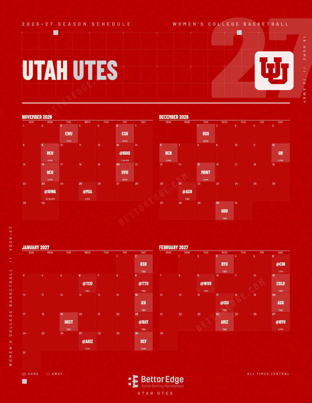 Utah Utes 2026-27 women's basketball schedule, free printable, every game with start times and TV