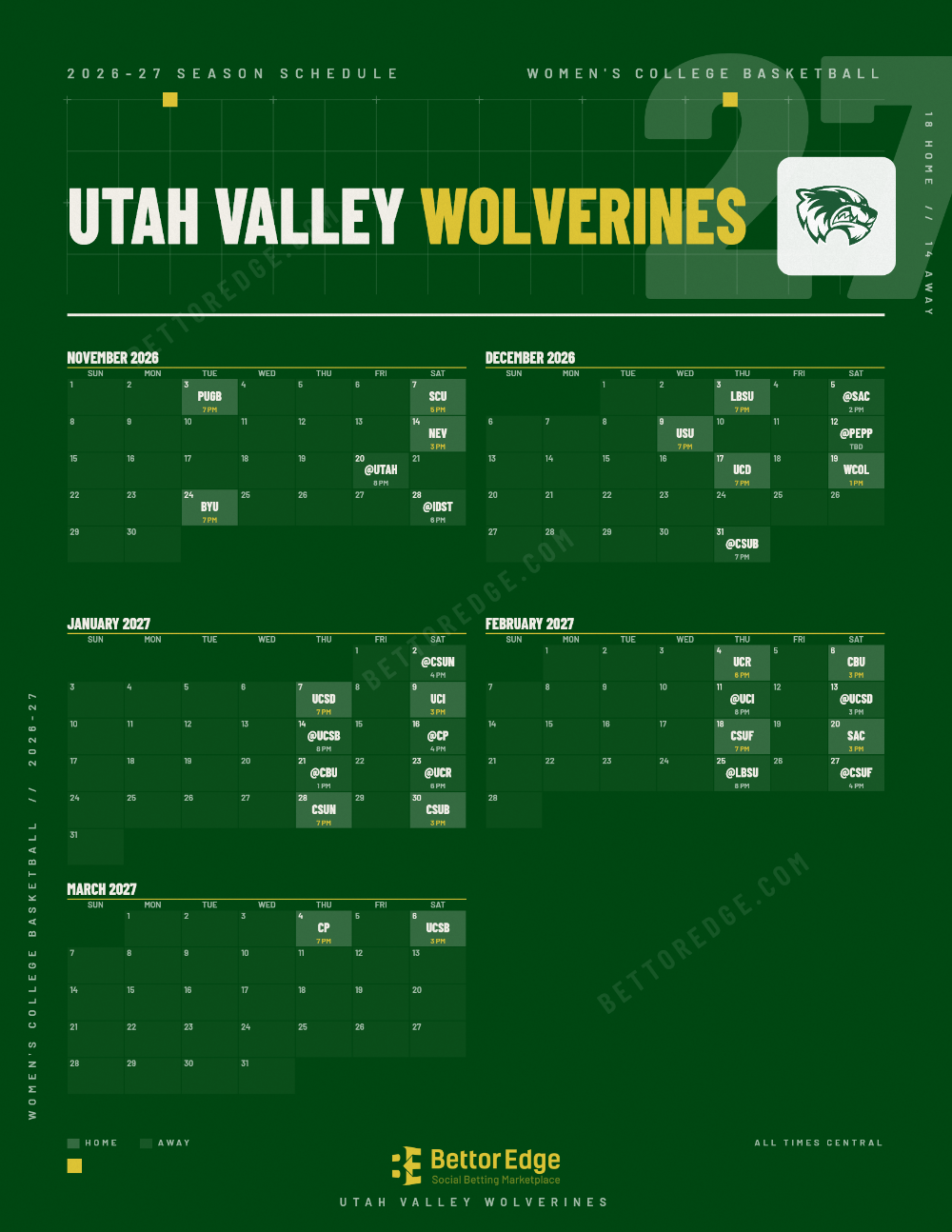 Utah Valley Wolverines 2026-27 women's basketball schedule, free printable, every game with start times and TV