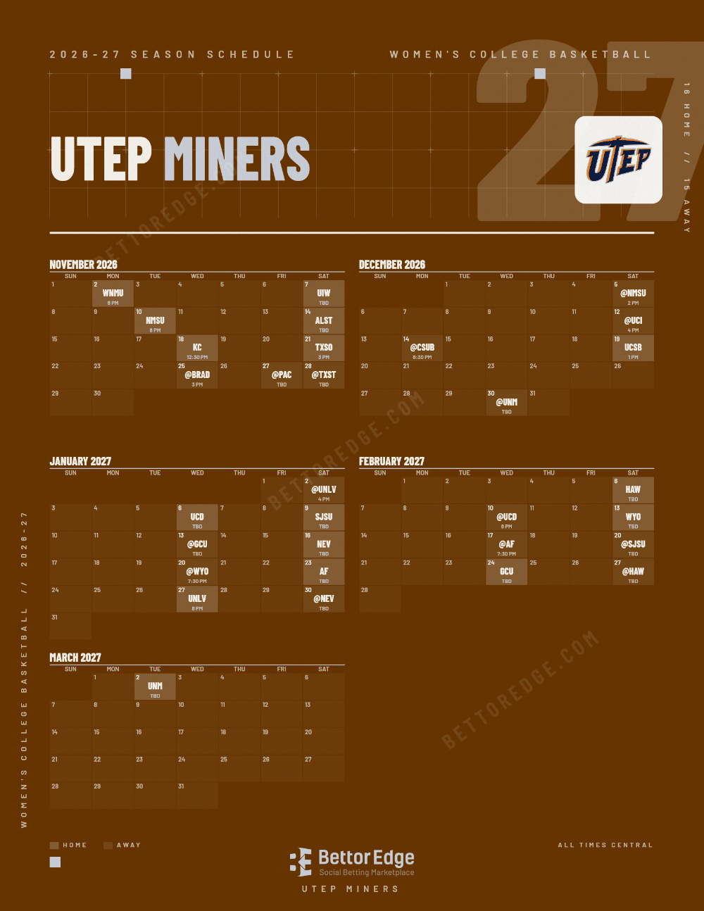 UTEP Miners 2026-27 women's basketball schedule, free printable, every game with start times and TV