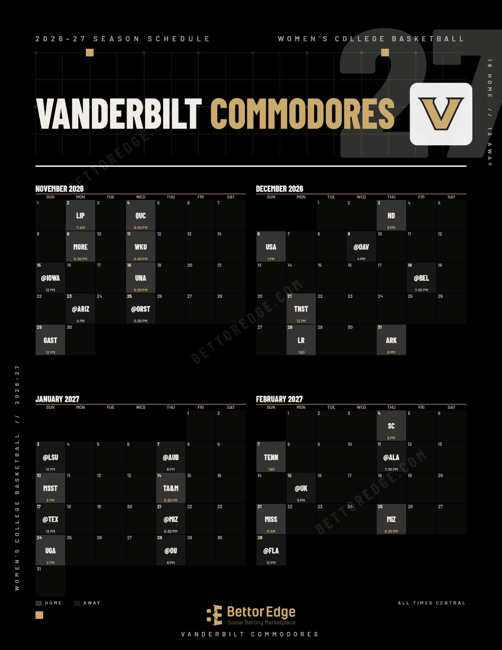 Vanderbilt Commodores 2026-27 women's basketball schedule, free printable, every game with start times and TV