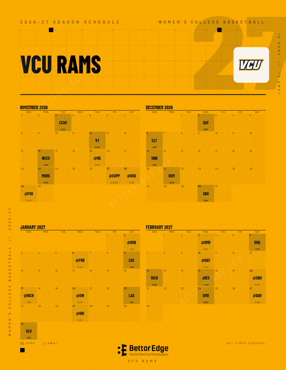 VCU Rams 2026-27 women's basketball schedule, free printable, every game with start times and TV