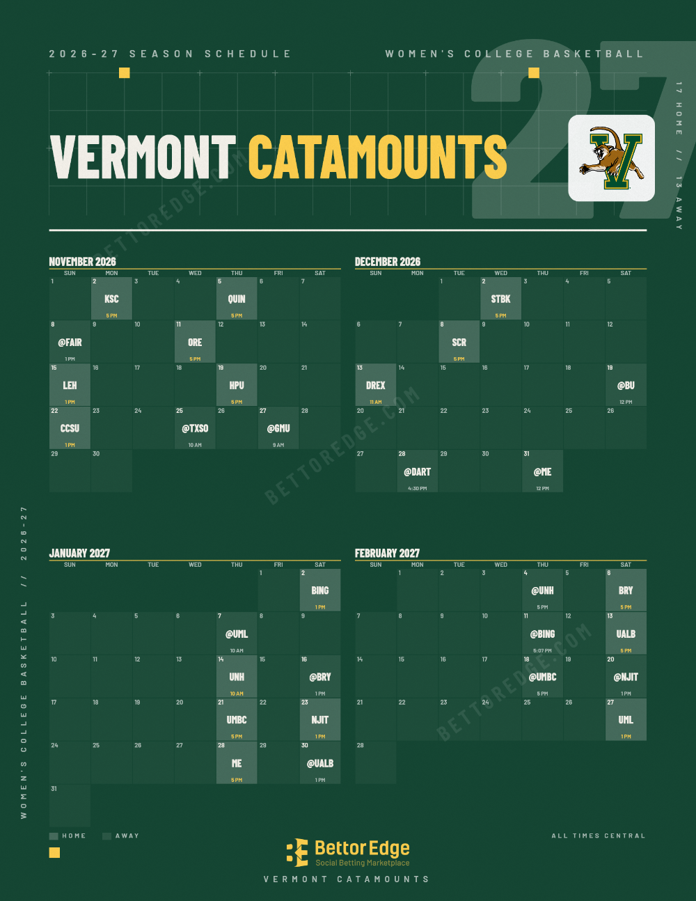 Vermont Catamounts 2026-27 women's basketball schedule, free printable, every game with start times and TV
