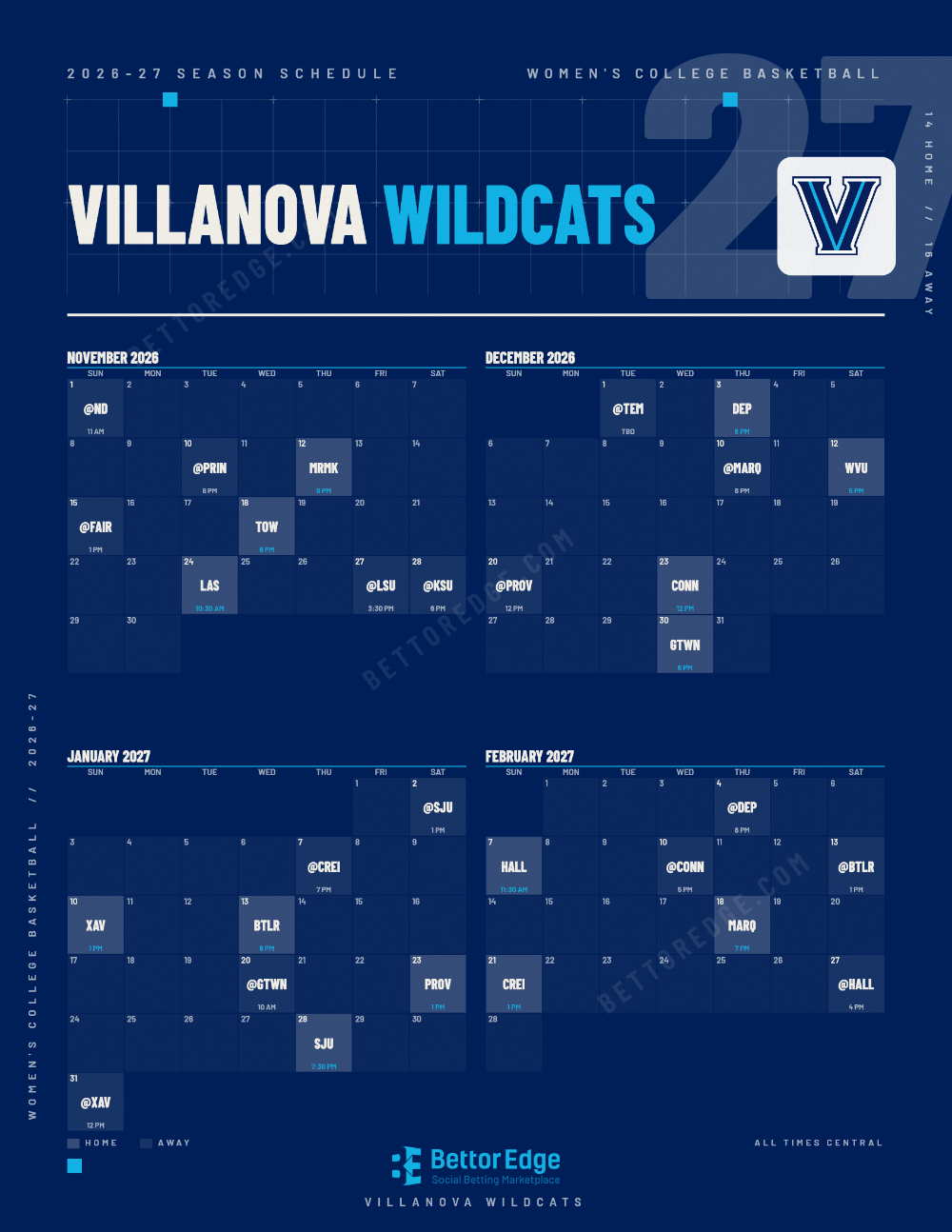 Villanova Wildcats 2026-27 women's basketball schedule, free printable, every game with start times and TV