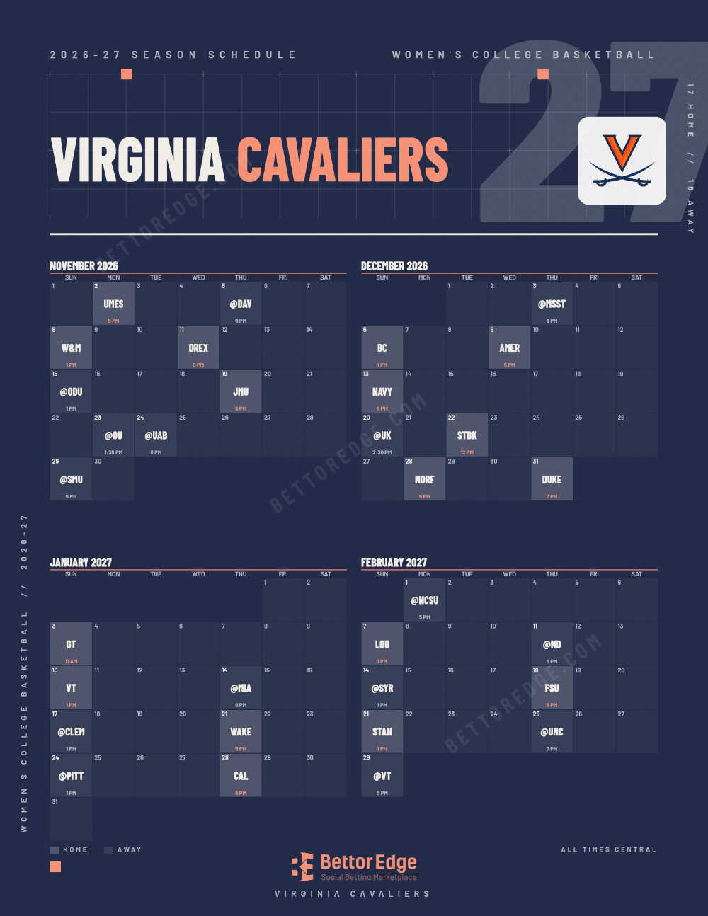 Virginia Cavaliers 2026-27 women's basketball schedule, free printable, every game with start times and TV