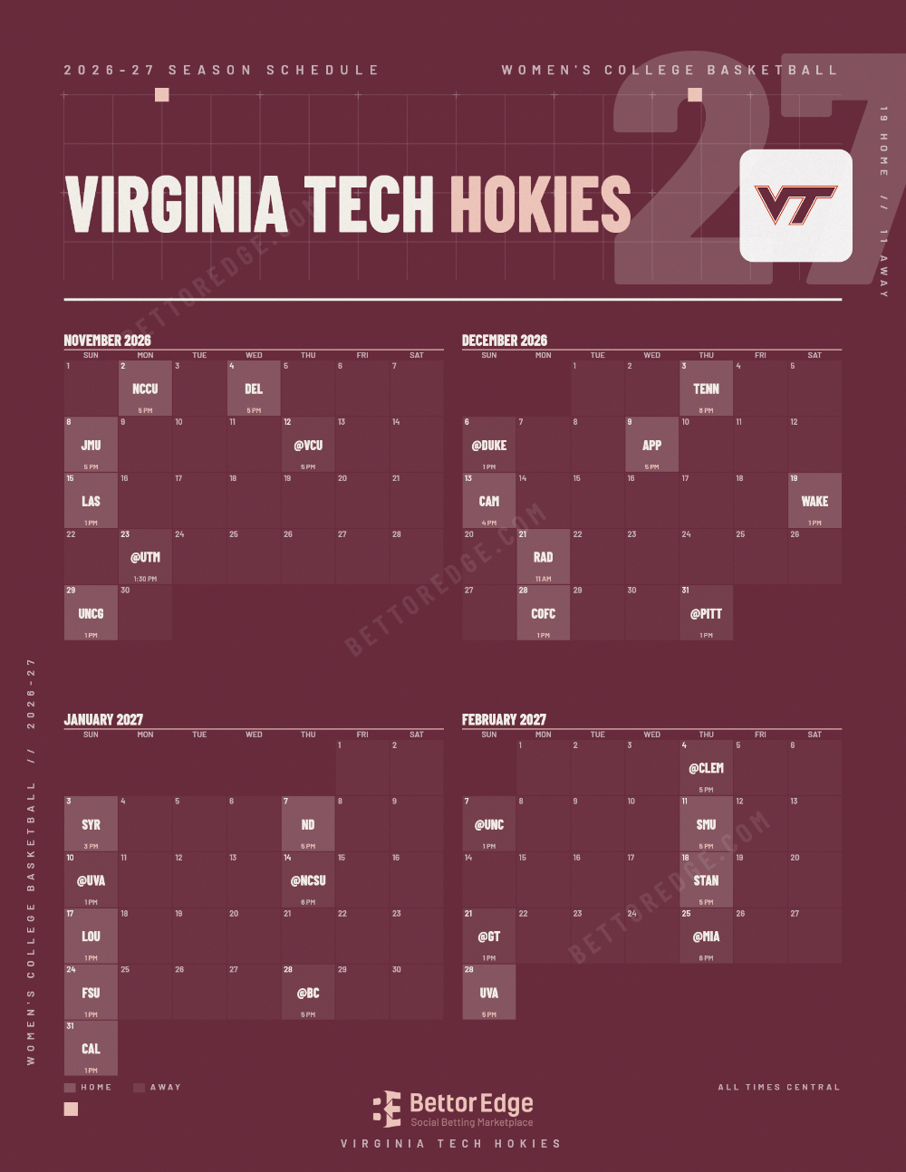 Virginia Tech Hokies 2026-27 women's basketball schedule, free printable, every game with start times and TV