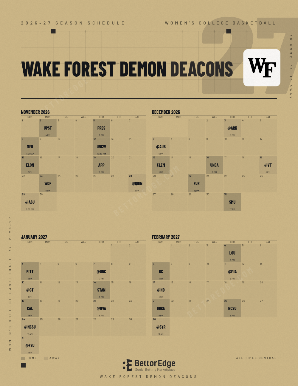 Wake Forest Demon Deacons 2026-27 women's basketball schedule, free printable, every game with start times and TV