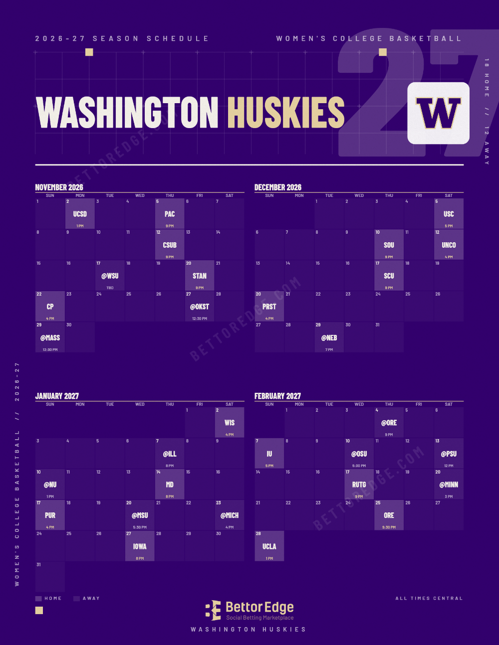 Washington Huskies 2026-27 women's basketball schedule, free printable, every game with start times and TV