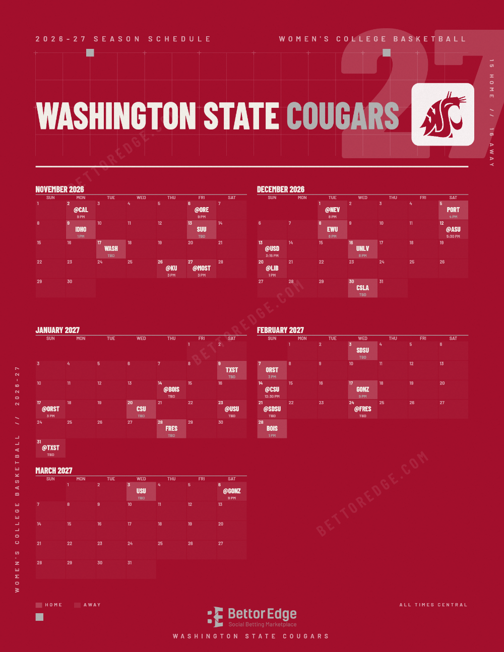 Washington State Cougars 2026-27 women's basketball schedule, free printable, every game with start times and TV