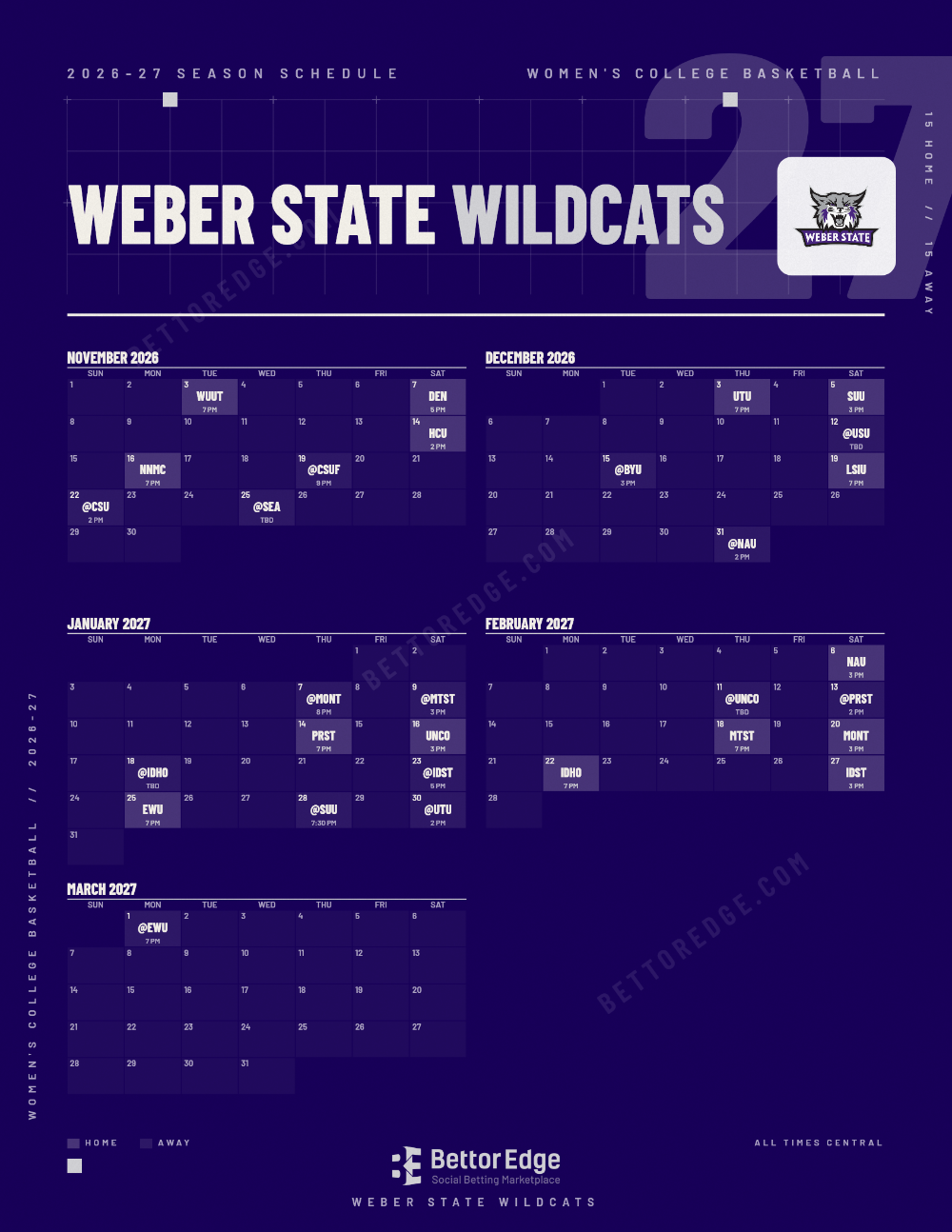 Weber State Wildcats 2026-27 women's basketball schedule, free printable, every game with start times and TV