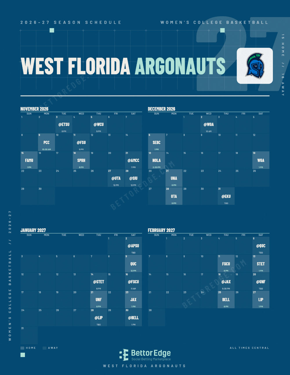 West Florida Argonauts 2026-27 women's basketball schedule, free printable, every game with start times and TV
