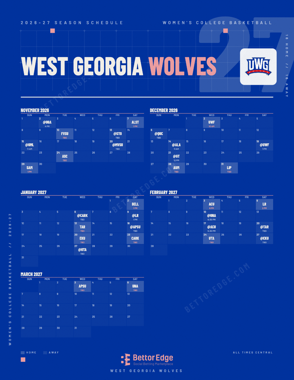 West Georgia Wolves 2026-27 women's basketball schedule, free printable, every game with start times and TV