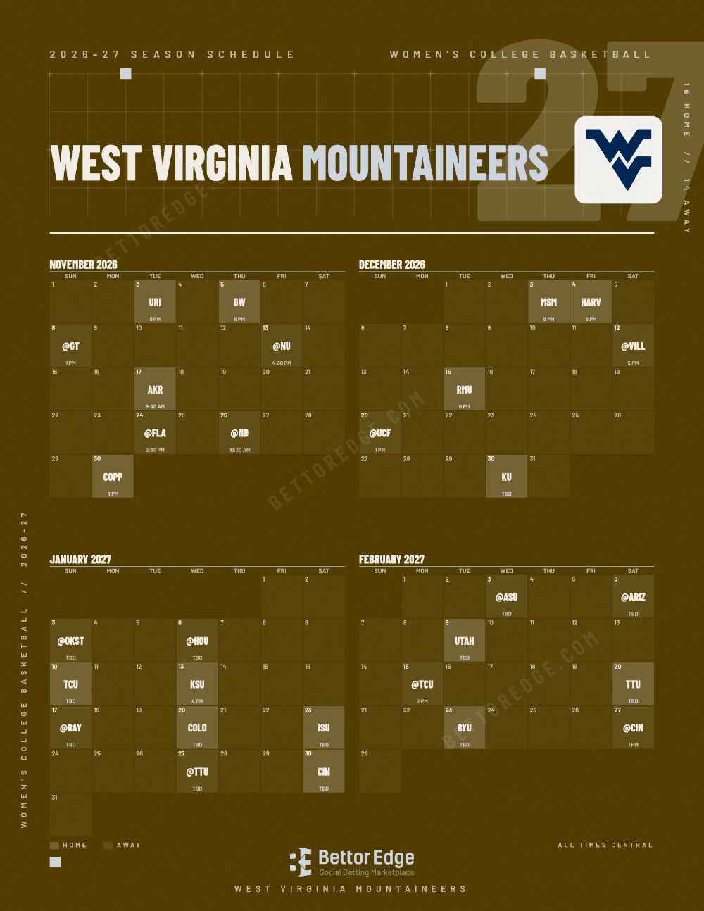 West Virginia Mountaineers 2026-27 women's basketball schedule, free printable, every game with start times and TV