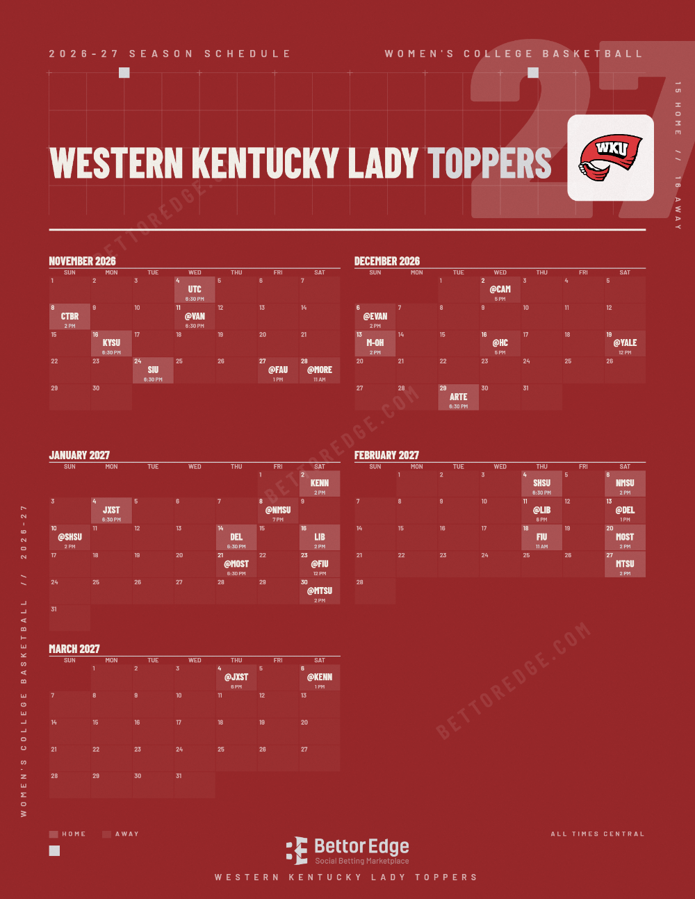 Western Kentucky Lady Toppers 2026-27 women's basketball schedule, free printable, every game with start times and TV