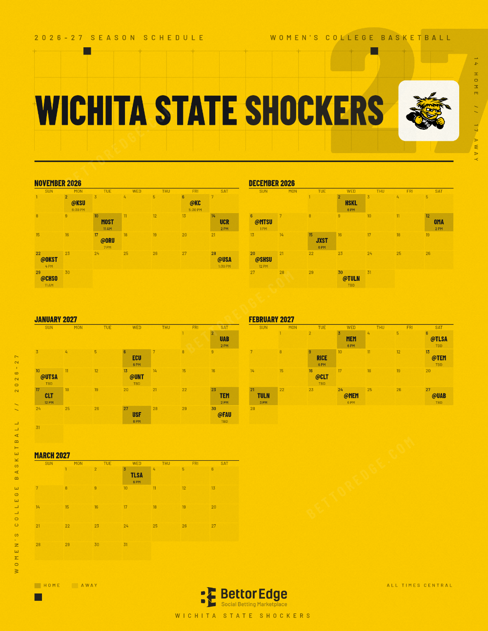 Wichita State Shockers 2026-27 women's basketball schedule, free printable, every game with start times and TV