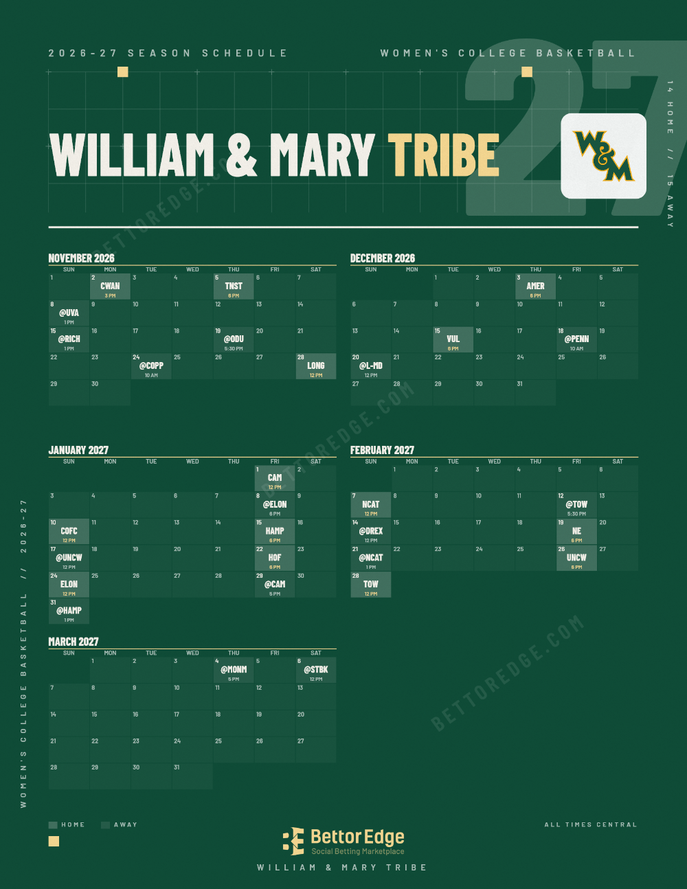 William & Mary Tribe 2026-27 women's basketball schedule, free printable, every game with start times and TV
