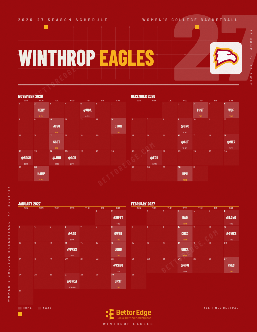 Winthrop Eagles 2026-27 women's basketball schedule, free printable, every game with start times and TV