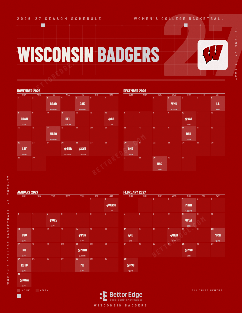 Wisconsin Badgers 2026-27 women's basketball schedule, free printable, every game with start times and TV