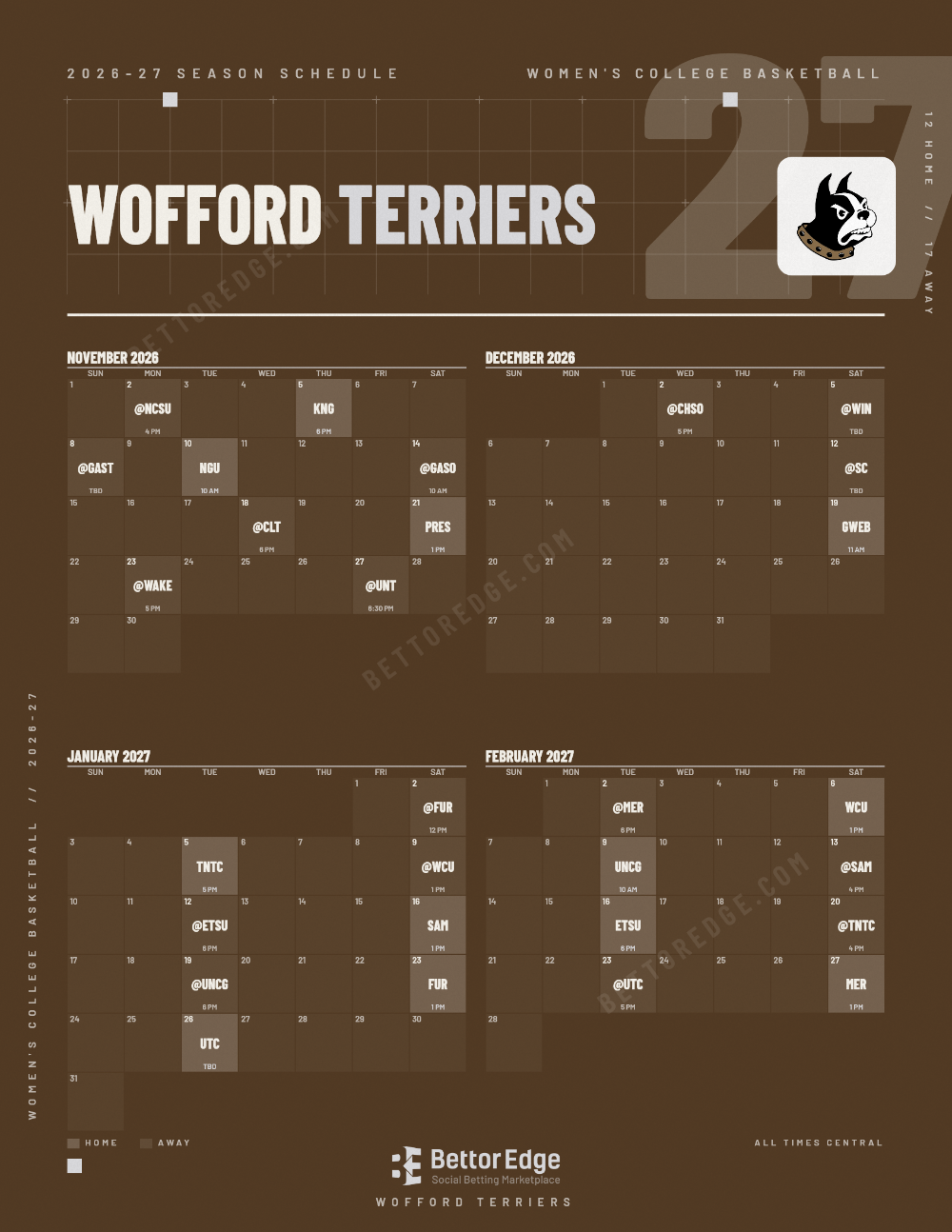 Wofford Terriers 2026-27 women's basketball schedule, free printable, every game with start times and TV