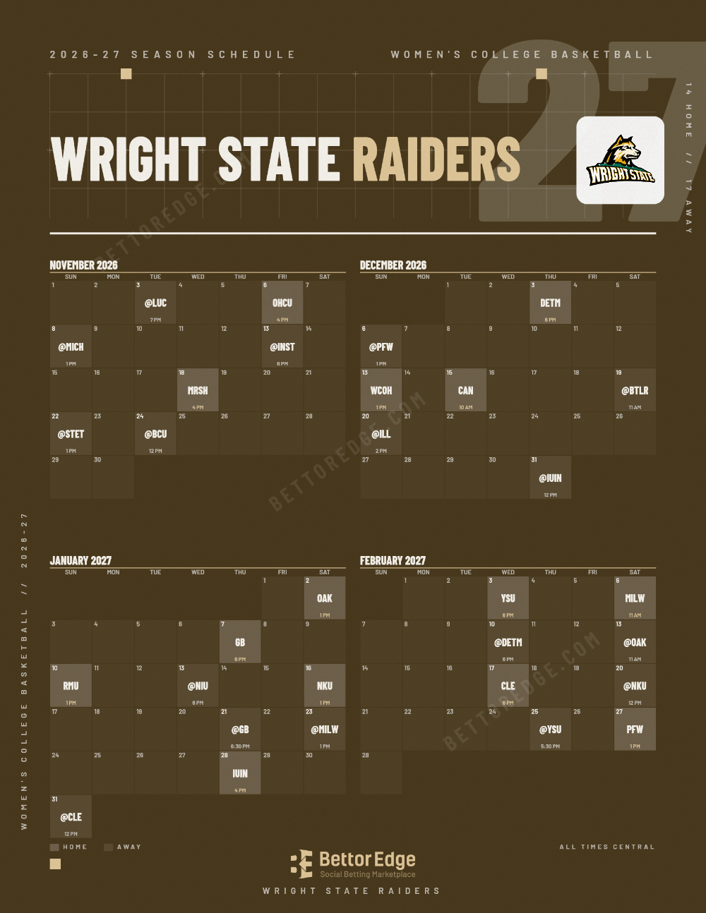 Wright State Raiders 2026-27 women's basketball schedule, free printable, every game with start times and TV