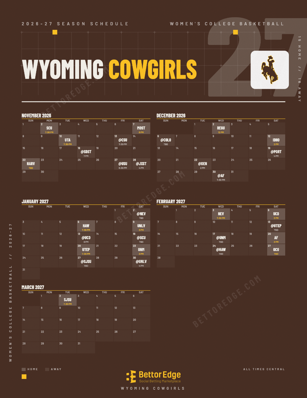 Wyoming Cowgirls 2026-27 women's basketball schedule, free printable, every game with start times and TV