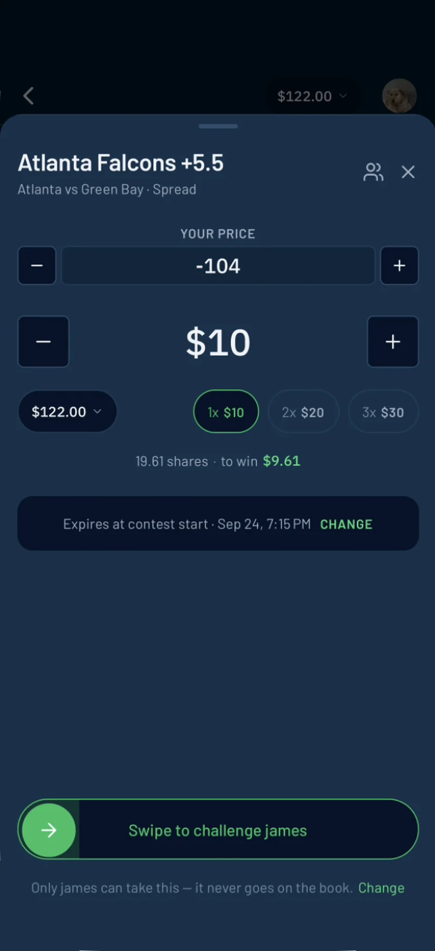Challenging a friend head-to-head on the Falcons spread in BettorEdge