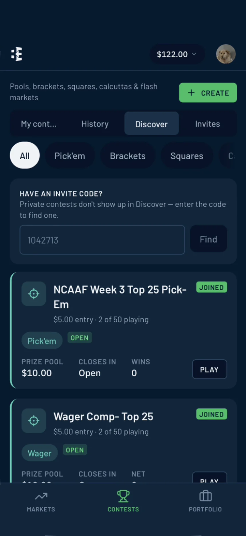 BettorEdge contests tab with pick'em and wager competitions
