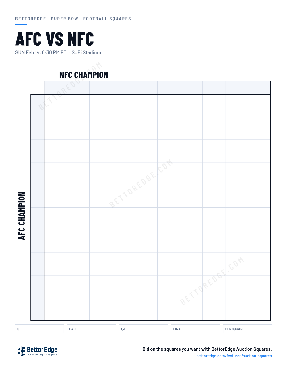 Super Bowl LXI squares, free printable 10x10 football squares grid